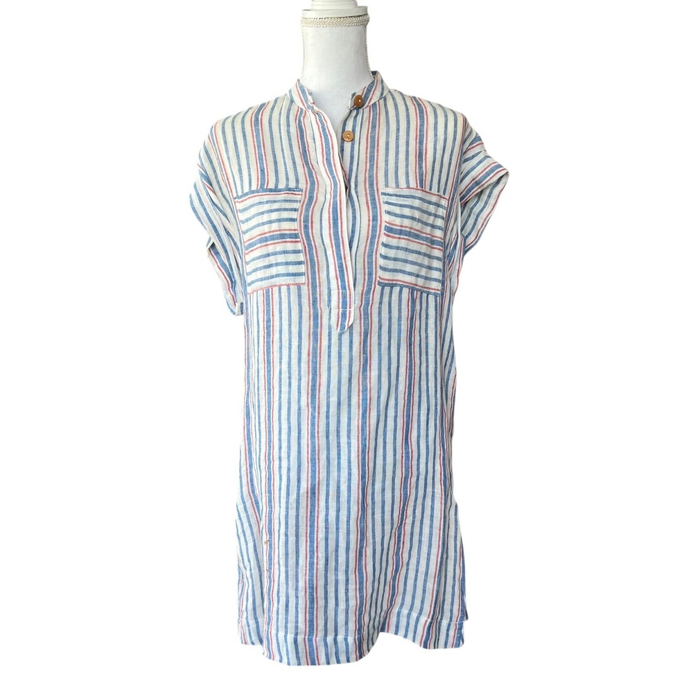 Warm NY Linen Striped Tunic Dress Womens 0 Red White Blue Short Sleeve Mini